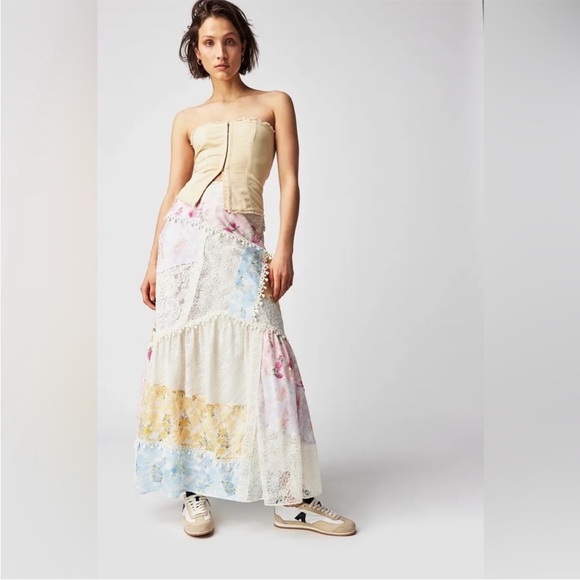 LoveShackFancy Obelia Silk Maxi Skirt Patchwork Rainbow Clouds 8 EUC - Picture 8 of 9